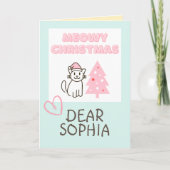 Niedliche Katze in Weihnachtsmannmütze & Baum Meow Karte (Vorderseite)