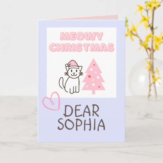 Niedliche Katze in Weihnachtsmannmütze & Baum Meow Karte (Gelbe Blume)