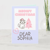 Niedliche Katze in Weihnachtsmannmütze & Baum Meow Karte (Vorderseite)