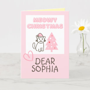 Niedliche Katze in Weihnachtsmannmütze & Baum Meow Karte