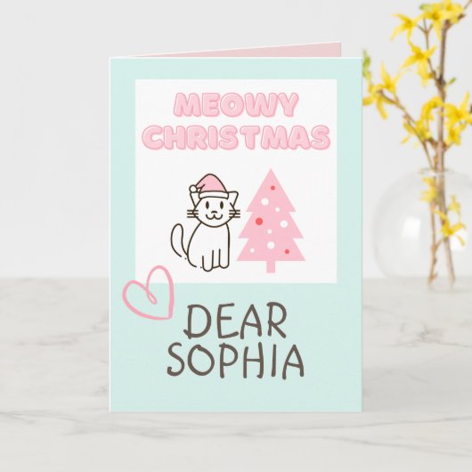 Niedliche Katze in Weihnachtsmannmütze & Baum Meow Karte (Gelbe Blume)