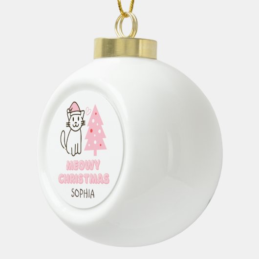 Niedliche Katze in Weihnachtsmannmütze & Baum Meow Keramik Kugel-Ornament (Rechts)