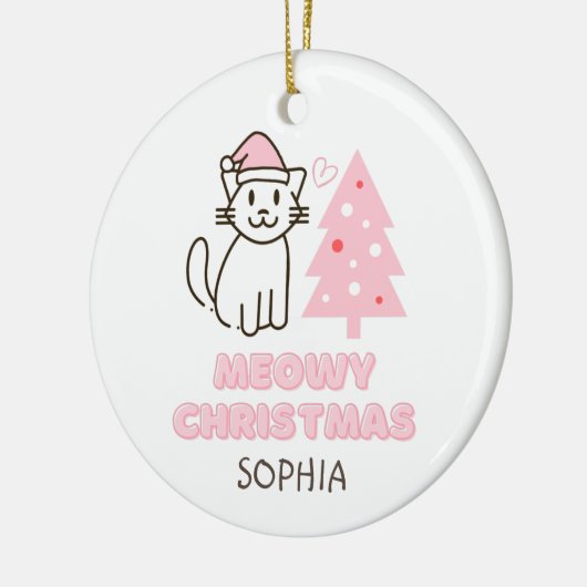 Niedliche Katze in Weihnachtsmannmütze & Baum Meow Keramik Ornament (Links)