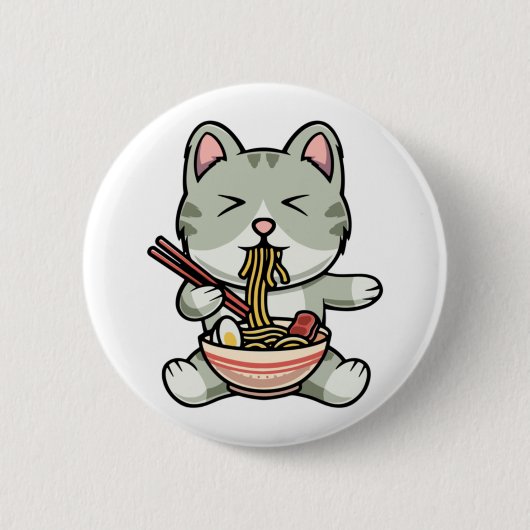 Niedliche Katze isst Soba Nudeln Cartoon Icon Button (Vorderseite)