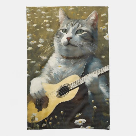 Niedliche Katze Kitten Acoustic Gitarre spielen Geschirrtuch (Vertikal)