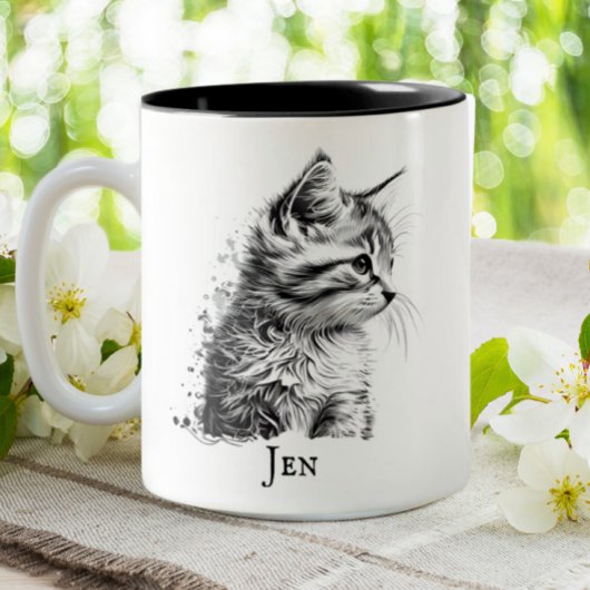 Niedliche Katze Kitten Black & White Sketch Person Zweifarbige Tasse