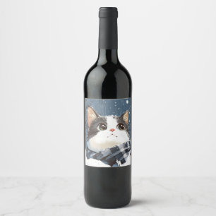 Niedliche Katze kuscheliger Winterschnee Weinetikett