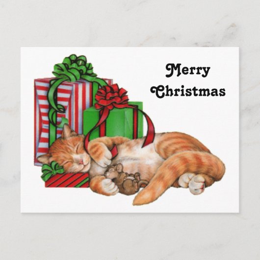 Niedliche Katze, Maus und Weihnachtsgeschenke Feiertagspostkarte (Vorderseite)