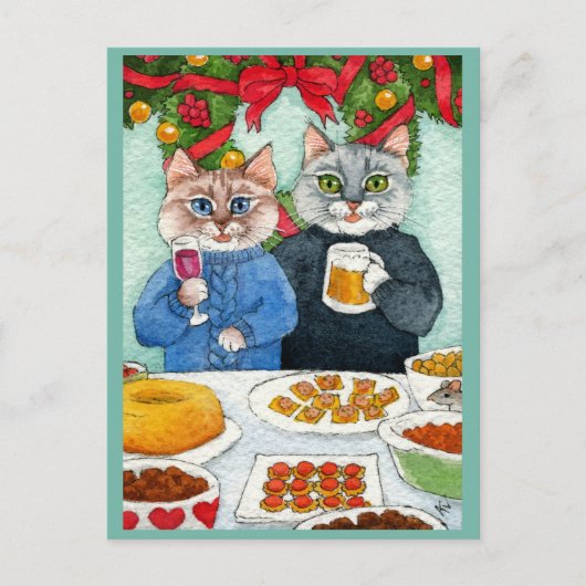 Niedliche Katze, Maus Weihnachts-Party-Postkarte Postkarte (Vorderseite)