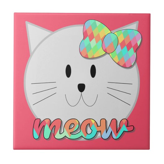 Niedliche Katze Meow Rainbow Bow Pink Glitzer Kind Fliese (Vorderseite)
