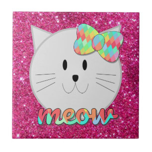 Niedliche Katze Meow Rainbow Bow Pink Glitzer Kind Fliese