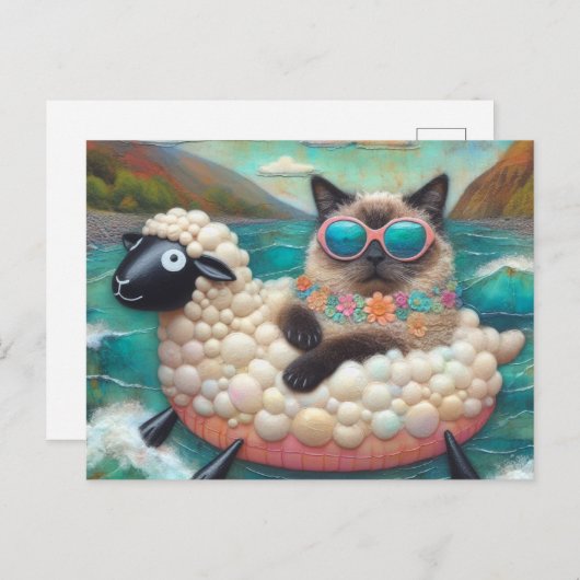 Niedliche Katze Mit auf Schafsfloatie im Bergsee Postkarte (Vorne/Hinten)