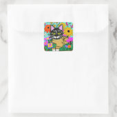 Niedliche Katze mit Blume Folk Kunst Quadratischer Aufkleber (Tasche)