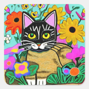 Niedliche Katze mit Blume Folk Kunst Quadratischer Aufkleber