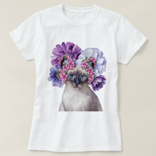 Niedliche Katze mit Blume Krone Aquarellbilder T-Shirt (Design vorne)