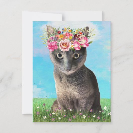 Niedliche Katze mit Blumenkronenkarte Einladung (Vorderseite)