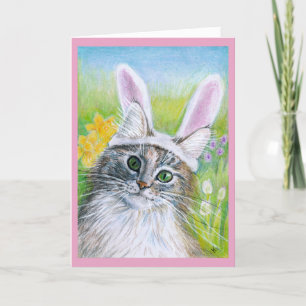 Niedliche Katze mit Bunny Ohrhut Frühlingsblumen O Feiertagskarte