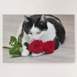 Niedliche Katze mit der Roten Rose Puzzle