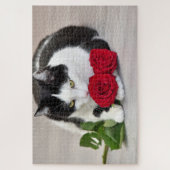 Niedliche Katze mit der Roten Rose Puzzle (Vertikal)