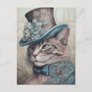 Niedliche Katze mit einem blauen Blumenmotiv Vinta Postkarte