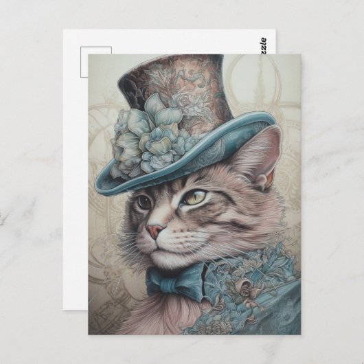 Niedliche Katze mit einem blauen Blumenmotiv Vinta Postkarte (Vorne/Hinten)
