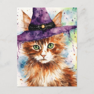 Niedliche Katze mit einem Hexenhut Aquarell Postkarte