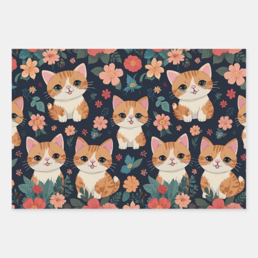 Niedliche Katze mit farbenfrohen Blume Muster Geschenkpapier Set (Vorderseite 3)
