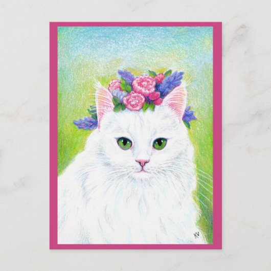 Niedliche Katze mit Frühlingsblumen Hat rosa Postk Postkarte (Vorderseite)
