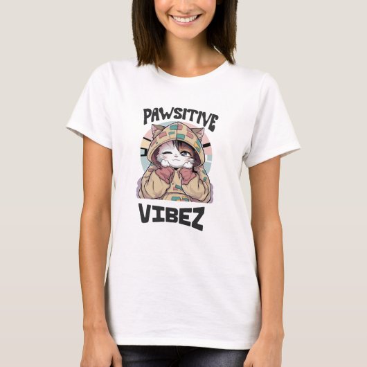 Niedliche Katze mit Hoodie: "PAWSITIVE VIBEZ-Desig T-Shirt (Vorderseite)