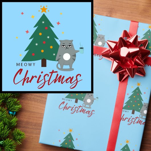 Niedliche Katze mit Kaffee und Baum Meowy Weihnach Geschenkpapier