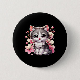 Niedliche Katze mit Kirschblütenkatze Button