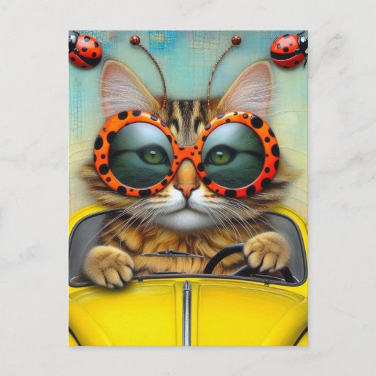 Niedliche Katze mit Polka Dot Sonnenbrille Autofah Postkarte (Vorderseite)