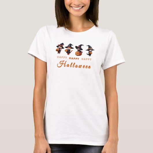 Niedliche Katze mit Pumpkin Happy Halloween T-Shirt (Vorderseite)