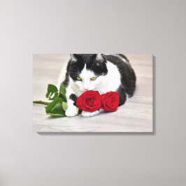Niedliche Katze mit rote Rose Leinwanddruck