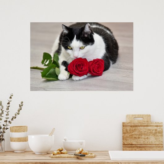 Niedliche Katze mit rote Rose Poster (Küche)