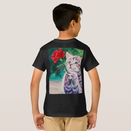 Niedliche Katze mit roter Blume T-Shirt (Schwarz voll)
