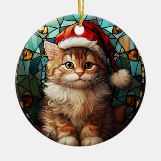 Niedliche Katze mit Santa Cap Festgläserweihnacht Keramik Ornament (Vorne)