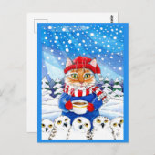 Niedliche Katze mit Snowy Owls Winter Weihnachtspo Postkarte (Vorne/Hinten)