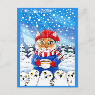 Niedliche Katze mit Snowy Owls Winter Weihnachtspo Postkarte