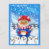 Niedliche Katze mit Snowy Owls Winter Weihnachtspo Postkarte (Vorderseite)