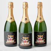 Niedliche Katze mit Sonnenbrille Katze Bowling spi Schaumweinetikett (Flaschen)