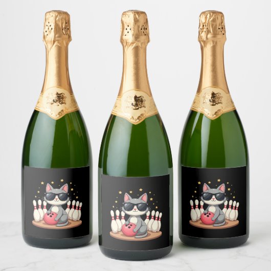 Niedliche Katze mit Sonnenbrille Katze Bowling spi Schaumweinetikett (Flaschen)