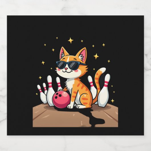 Niedliche Katze mit Sonnenbrille Katze Bowling spi Schaumweinetikett (Einzelnes Label)