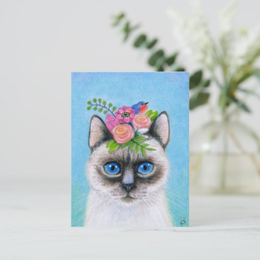 Niedliche Katze mit Spring Flowers Hat Postkarte (Stehend Vorderseite)