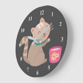 Niedliche Katze mit Teacup-Cartoon Große Wanduhr (Winkel)
