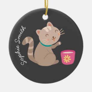 Niedliche Katze mit Teacup-Cartoon Keramik Ornament
