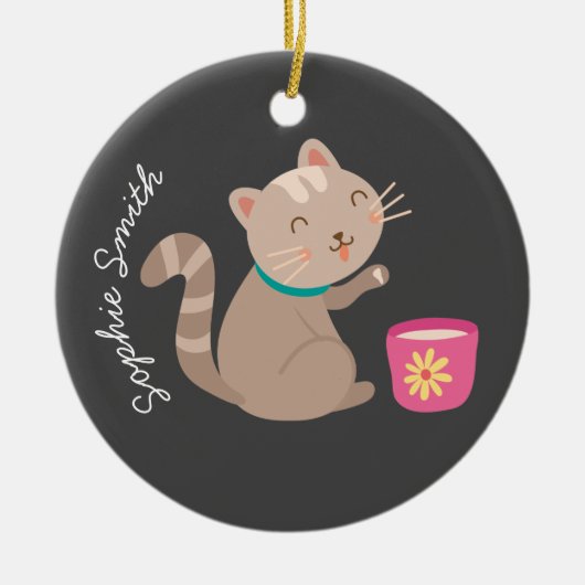 Niedliche Katze mit Teacup-Cartoon Keramik Ornament (Vorne)