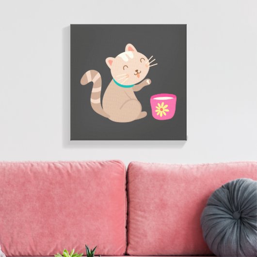 Niedliche Katze mit Teacup-Cartoon Leinwanddruck (Insitu (Wohnzimmer))