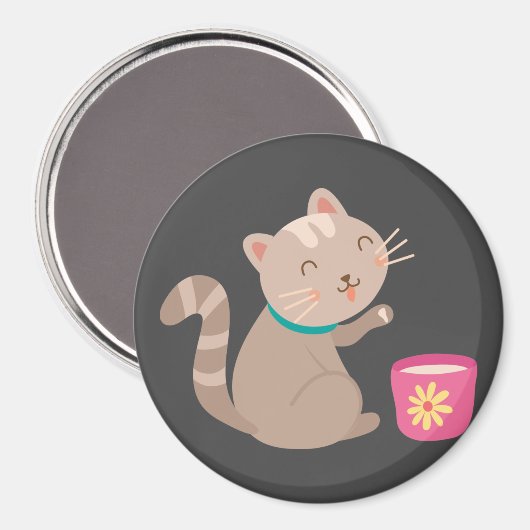 Niedliche Katze mit Teacup-Cartoon Magnet (Vorderseite/Rückseite)