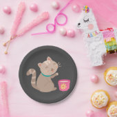 Niedliche Katze mit Teacup-Cartoon Pappteller (Party)